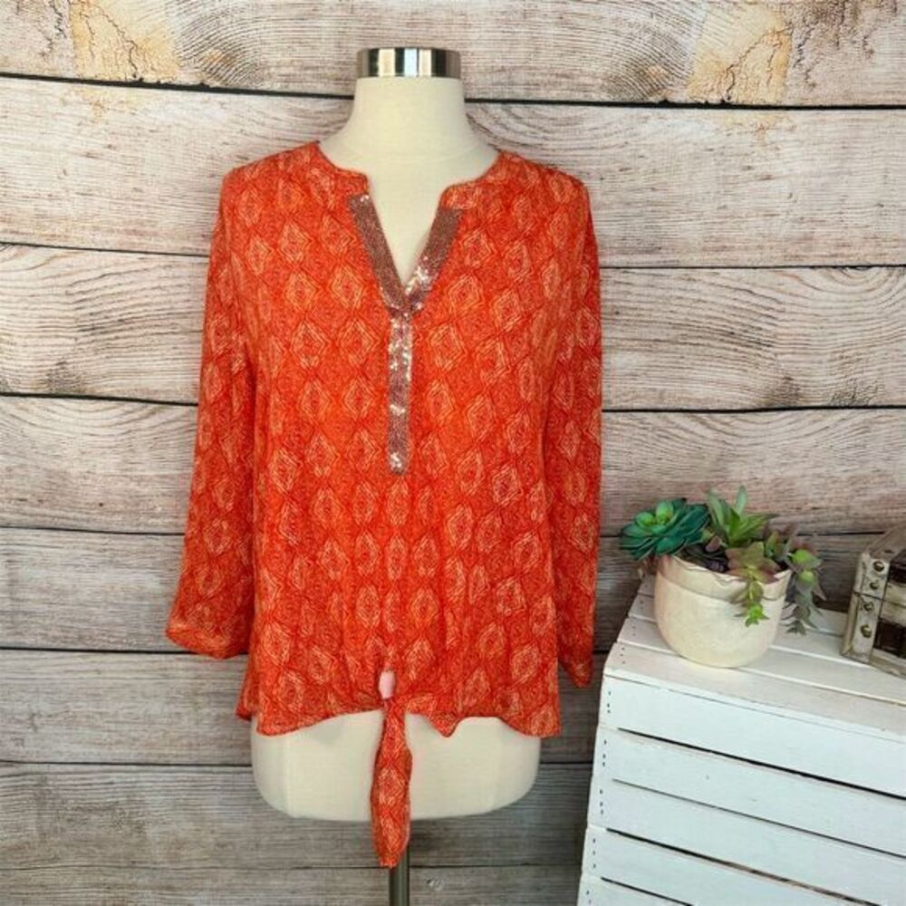 Chico's Women's Orange Geometric Print‎ Sequin Tie Blouse Size 2 Medium